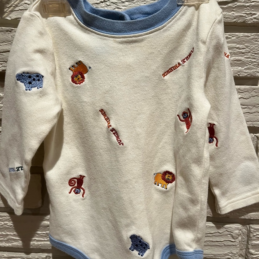 Moonbeams 2 piece set-cream Baby Onesie with Animal Embroidery and blue pants